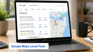 Google Maps local pack displayed on a MacBook for a plumber near me search.