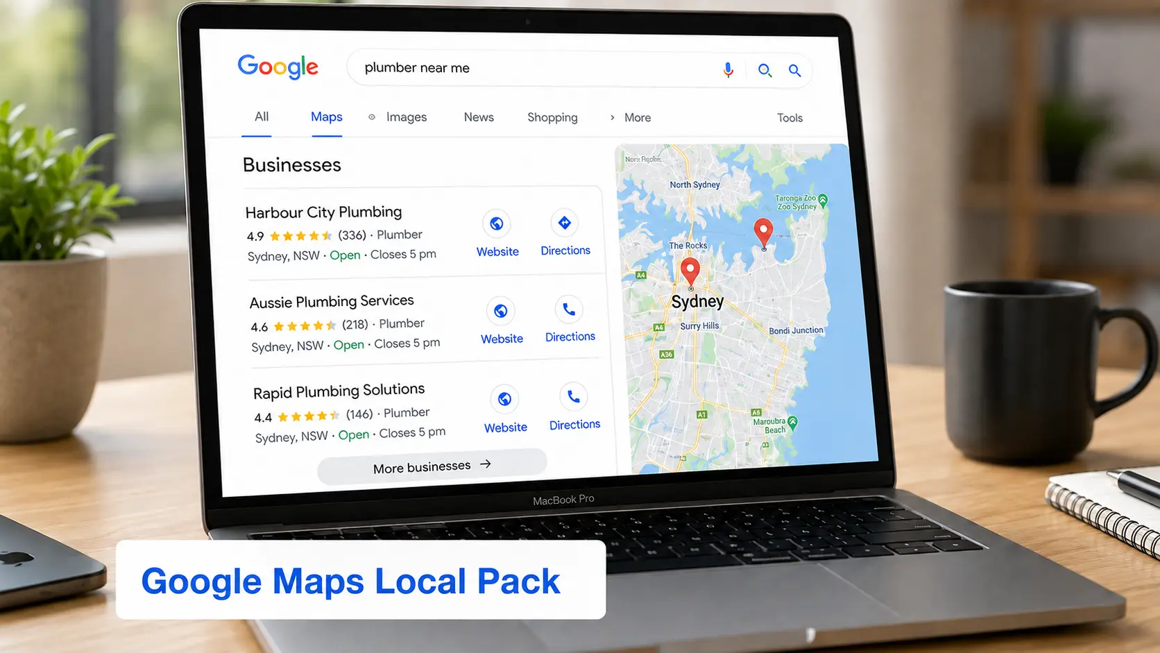 Google Maps local pack displayed on a MacBook for a plumber near me search.
