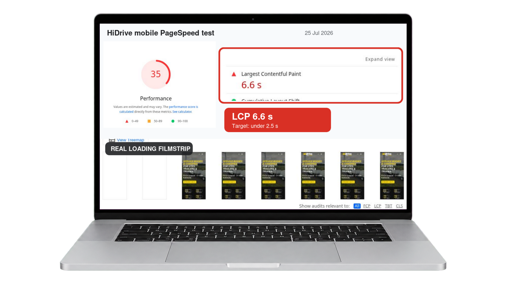 Page load filmstrip on a MacBook showing largest contentful paint completing at 6.6 seconds for Hidrive