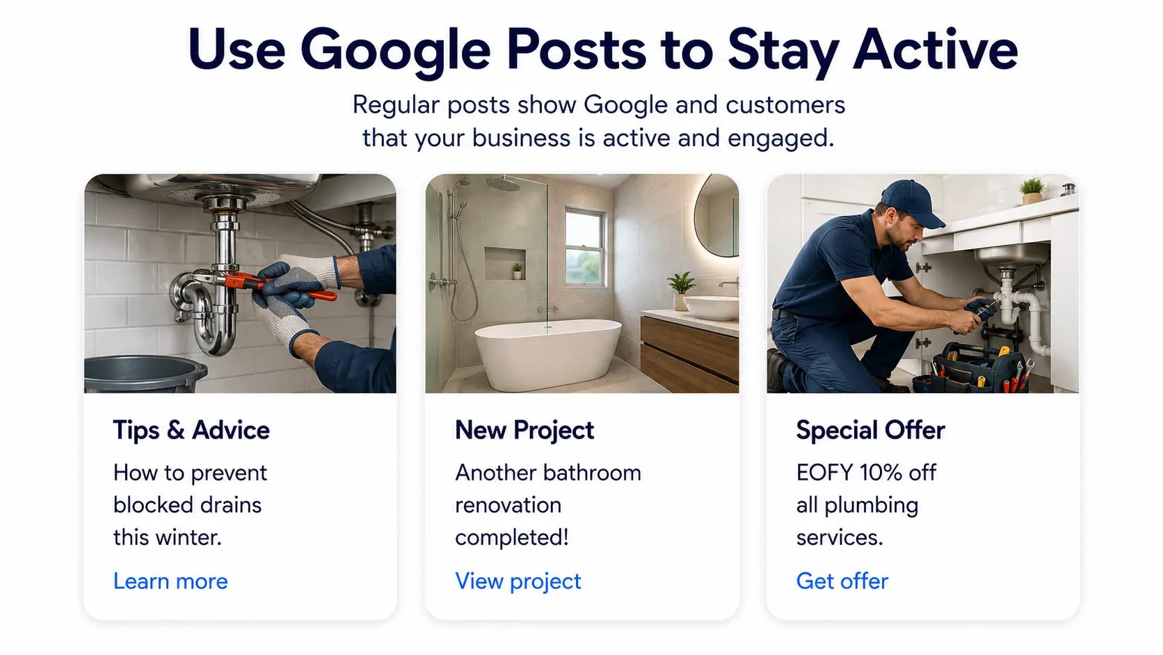 Google Posts examples featuring tips, completed projects, and special offers.