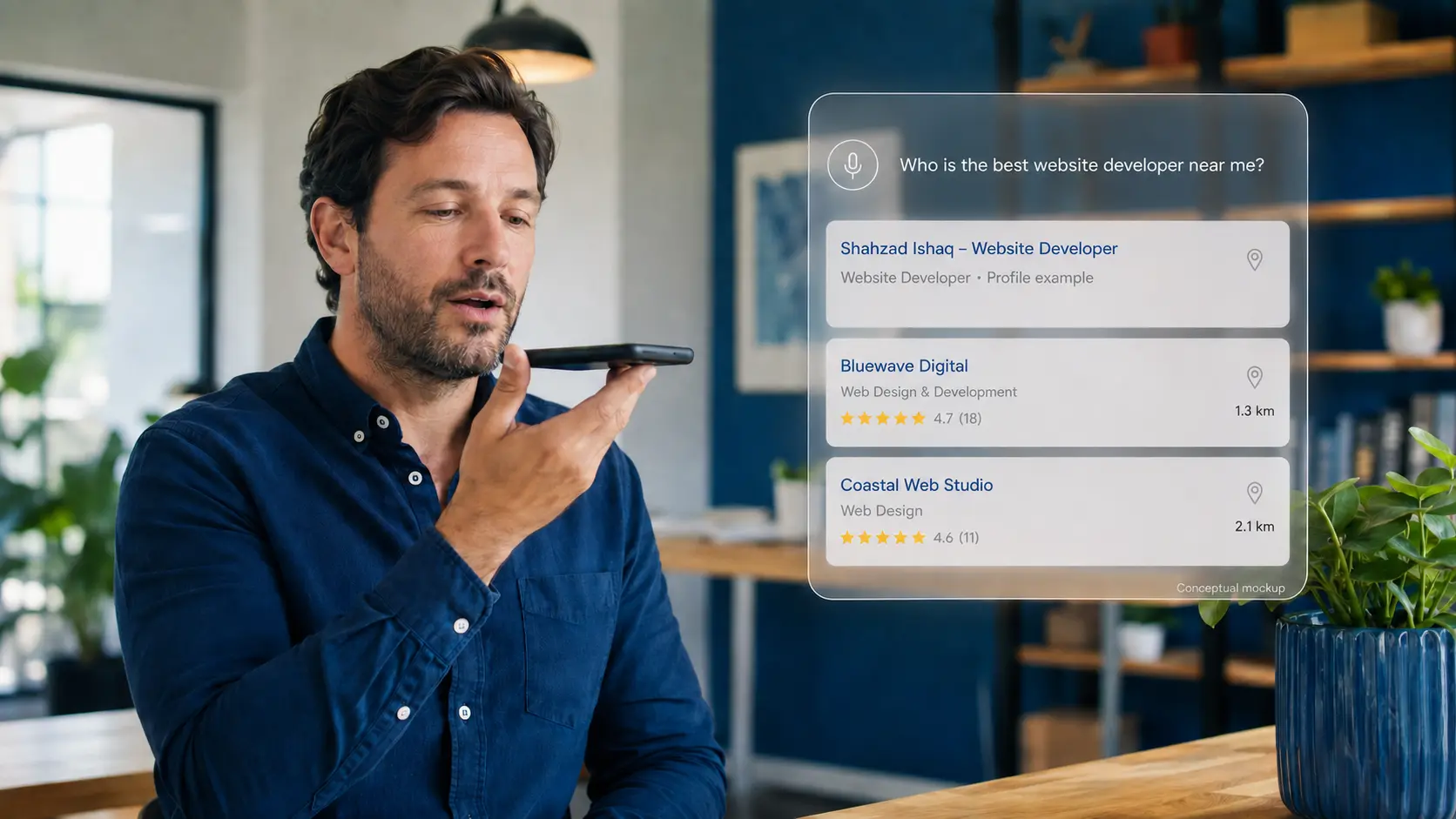 Conceptual voice-search example for finding a nearby website developer.