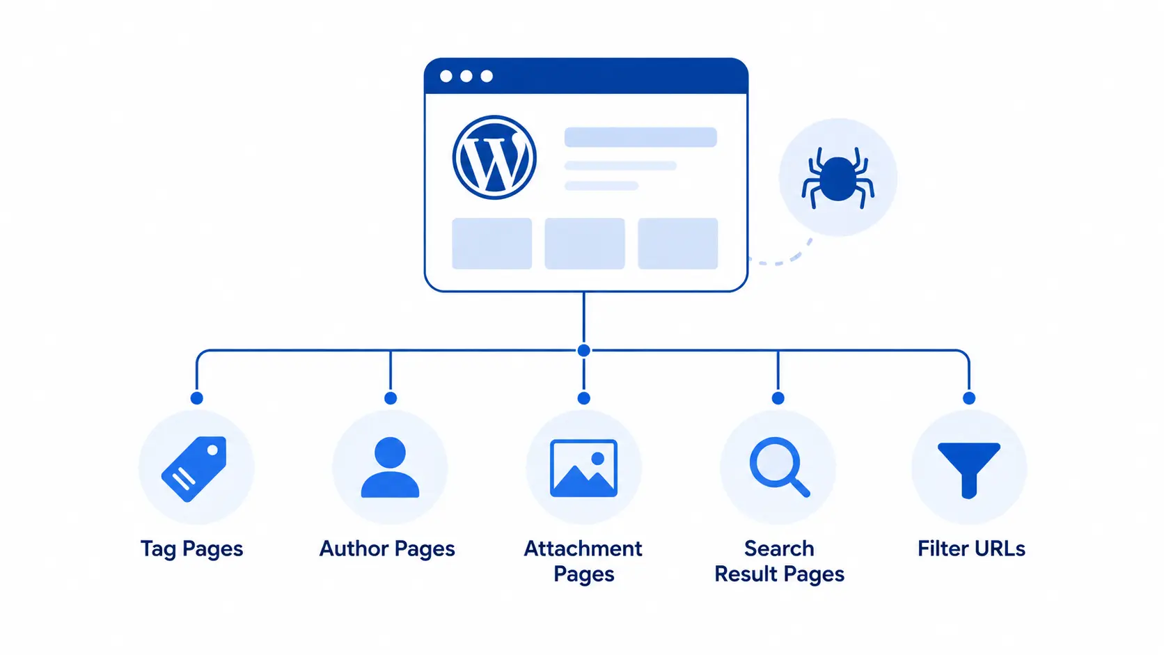 Common sources of WordPress crawl budget waste including tag pages and attachment pages