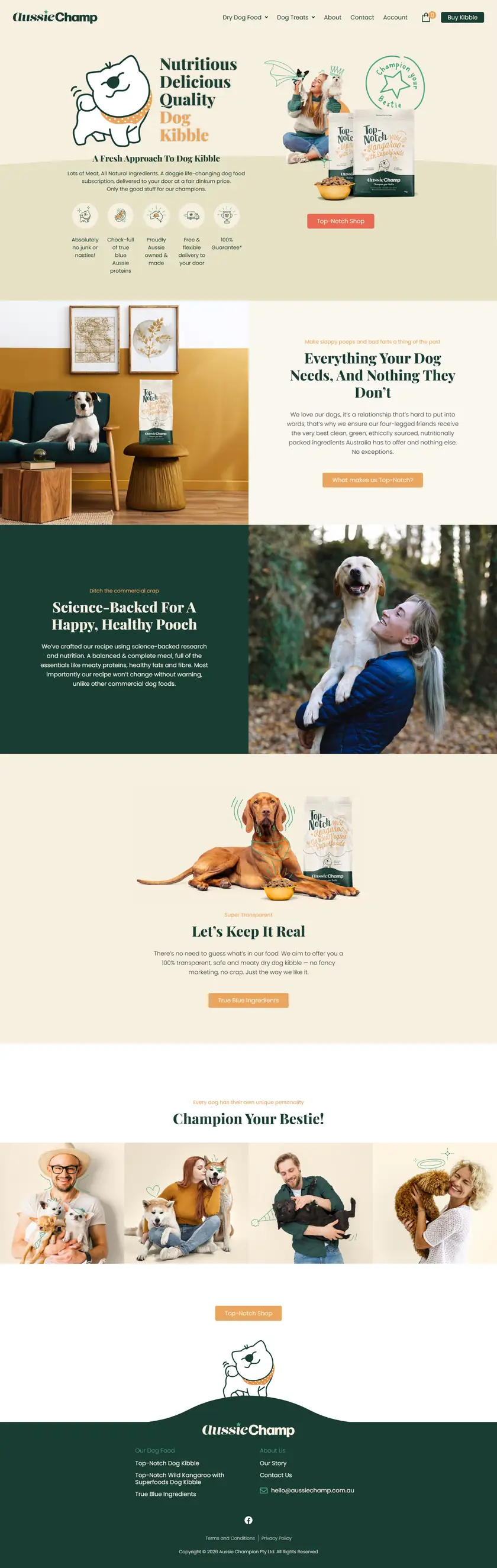AussieChamp dog food e-commerce website full page on a laptop screen