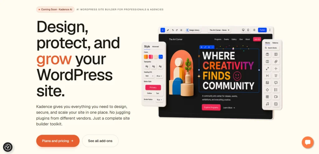 Current Kadence WordPress editor interface in 2026