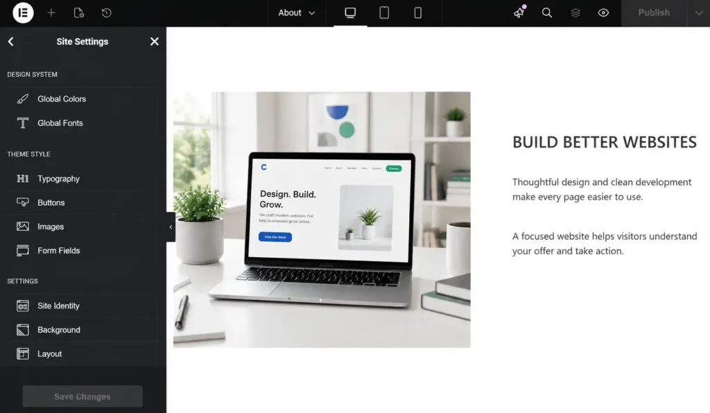 Elementor global site settings and live page preview