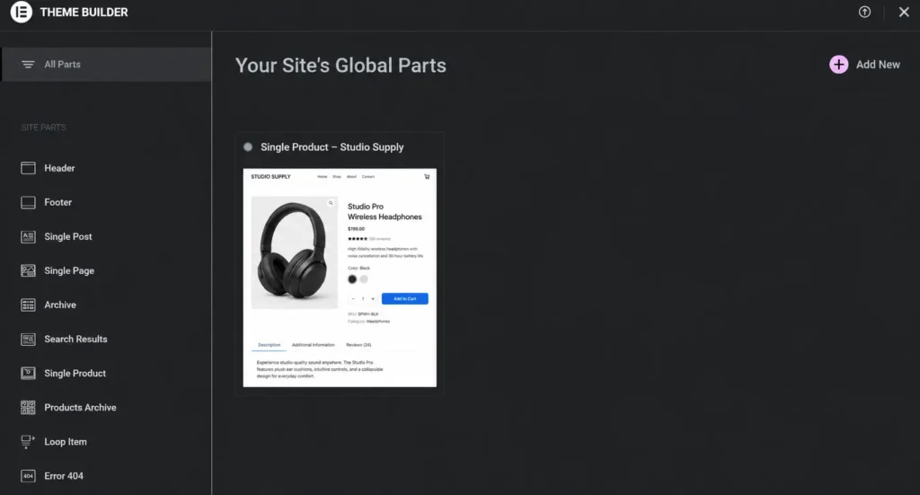Elementor Pro Theme Builder showing a single product template