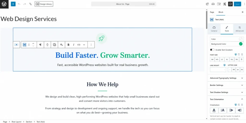 Kadence Blocks row settings open inside the Gutenberg block editor
