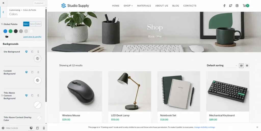 Kadence global color palette in the WordPress Customizer