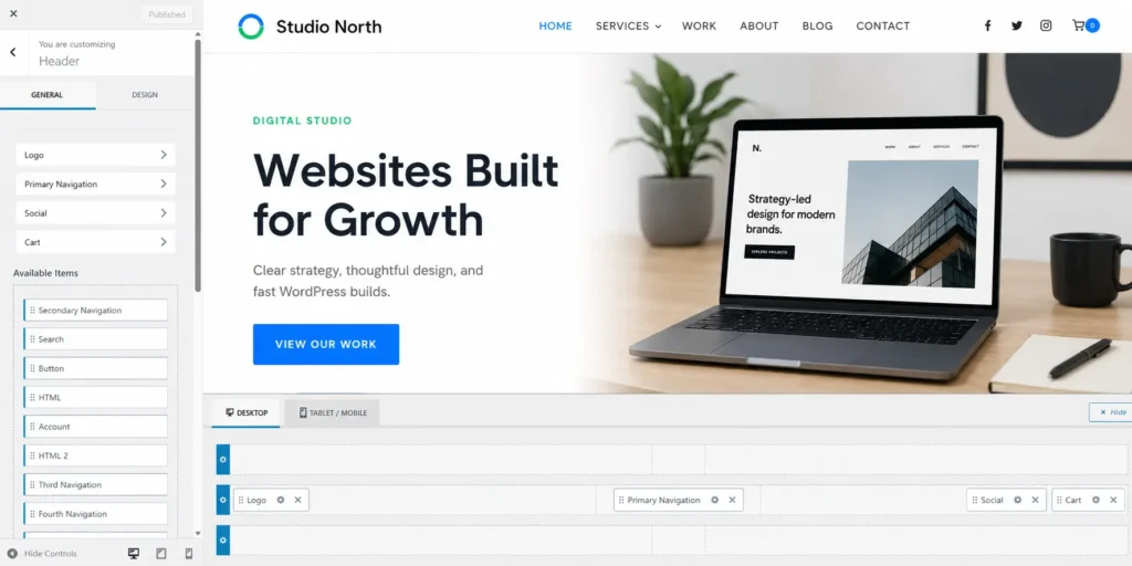 Kadence drag-and-drop header builder in WordPress