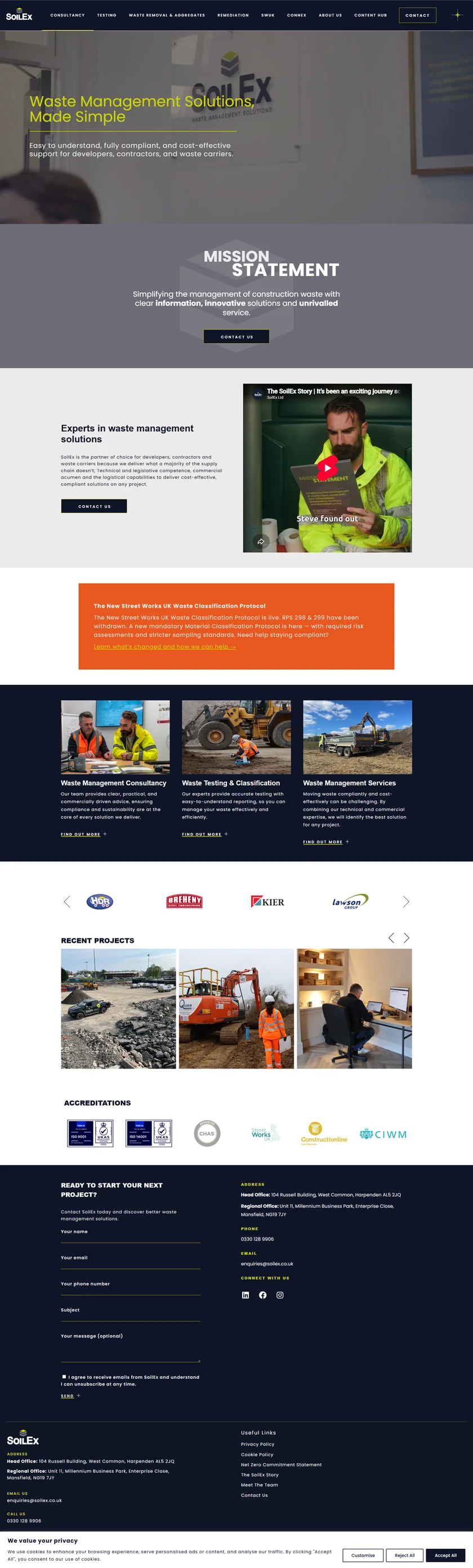 SoilEx website shown as a full-page screenshot