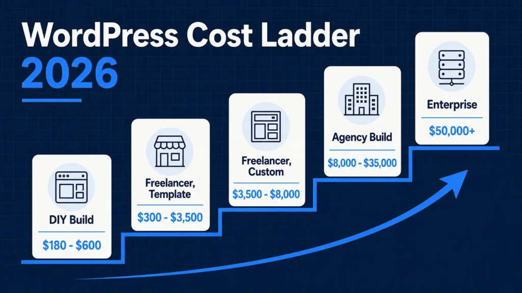 Cost ladder showing WordPress website prices from $180 for a DIY build up to $50,000 or more for enterprise