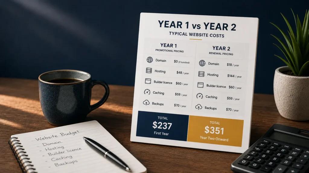 Comparison card showing typical website costs rising from $237 in year one to $351 in year two