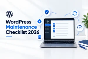 WordPress website maintenance checklist shown on a laptop screen
