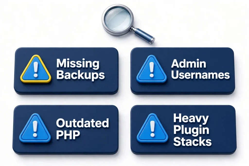 Infographic of the most common website audit findings: missing backups, admin usernames, outdated PHP, and heavy plugin stacks