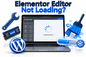 Elementor editor stuck on the loading screen on a laptop, surrounded by RAM, cache and repair icons