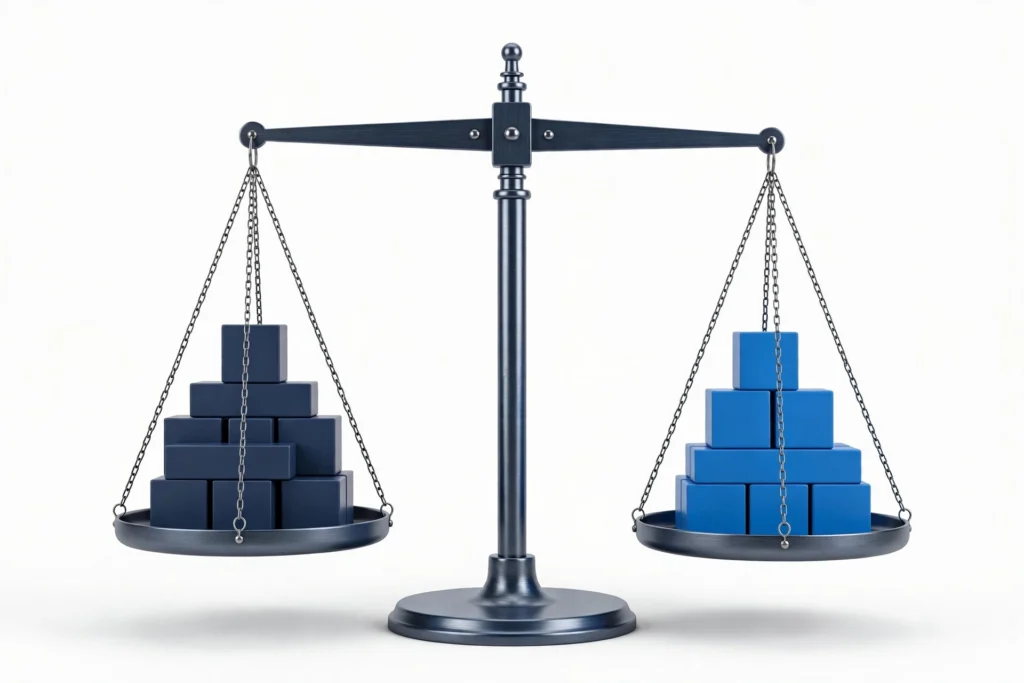 Balance scale comparing Elementor and Gutenberg building blocks