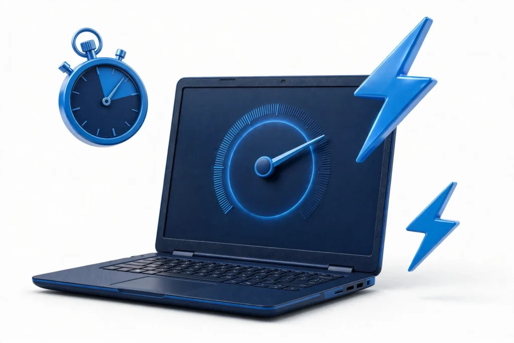 Laptop speed gauge with stopwatch and lightning bolts showing fast load time