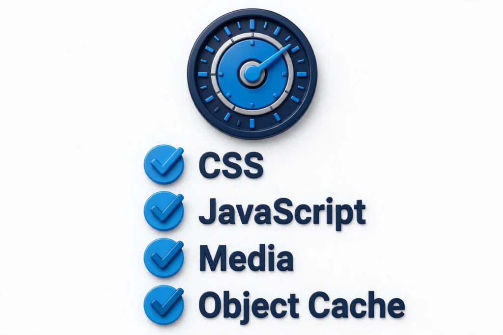Infographic of key LiteSpeed Cache settings: CSS, JavaScript, media, and object cache
