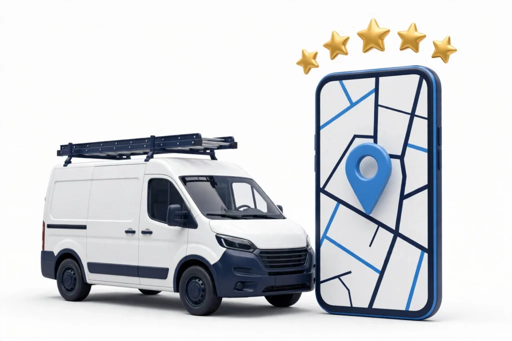 Service van and smartphone showing a local map listing with five star reviews