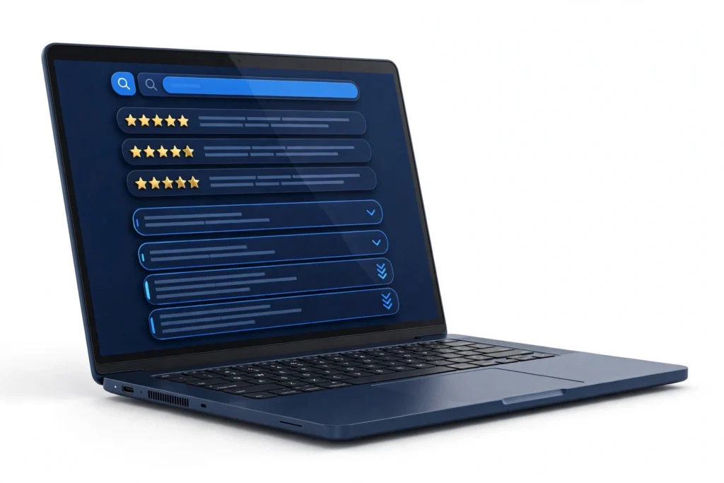Google search results showing rich results with star ratings and FAQ dropdowns