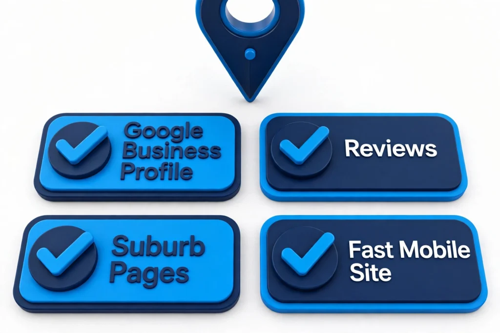 Infographic of four local SEO priorities for tradies: Google Business Profile, reviews, suburb pages, and a fast mobile site