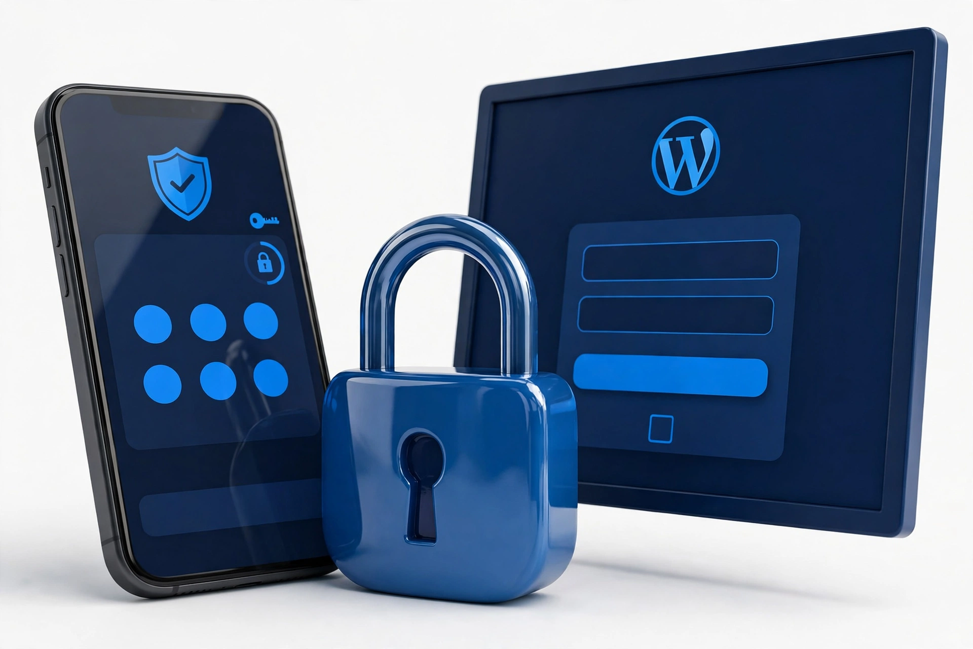 Smartphone showing a two-factor authentication code next to a padlock, protecting a WordPress login