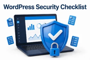 WordPress security checklist with shield and lock protecting a business website